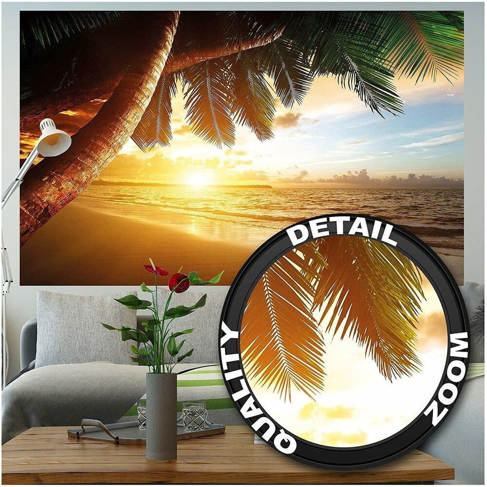 Great Art Mural Wallpaper - Sandy Beach at Sunset, Palm Trees 82.7x55 Inch